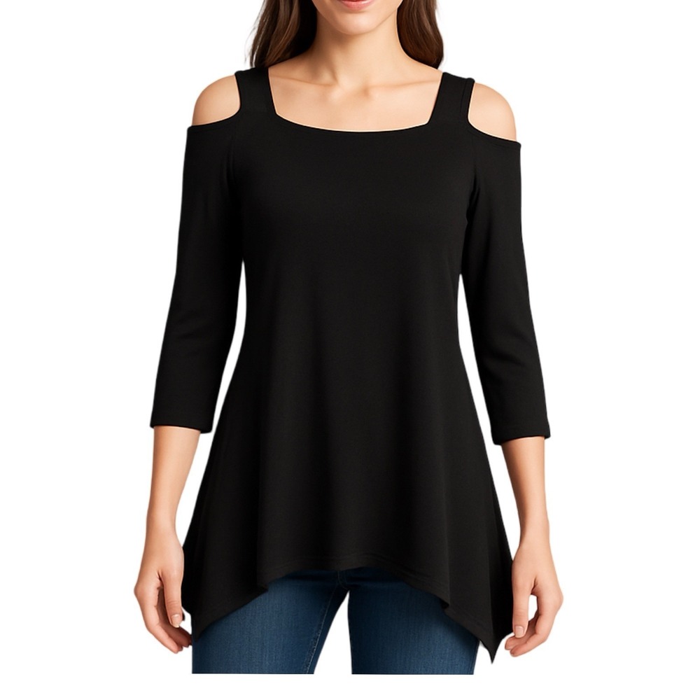 Clara Sunwoo Top Cold‎ Shoulder Tunic Top Asymmetric Neutral Black White Size M